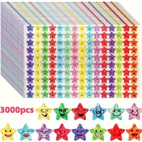 Resim 3000 adet (20 Yaprak) Parlak Yıldız Etiketleri - Kendinden Yapışkanlı, Tekrar Kullanılabilir, Simli, Gülen Yüz Tasarımları, Öğrenci Ödülleri, Davranış Tabloları, Öğretmen Malzemeleri için İdeal, Şükran Günü, Cadılar Bayramı, Noel için Mükemmel, Öğrenci Ödül Etiketleri | Simli Etiket 