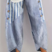 Resim Kadınların Rahat Çizgili Geniş Bacaklı Pantolonları Düğme Detayları ile - Hafif Polyester, Makinede Yıkanabilir, Günlük Giyim için Mükemmel, Tüm Mevsimler için Pantolon | Düğme Detayları | Polyester Kumaş 