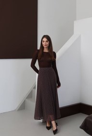 Resim MAESTRO WOMAN Kadın Kahverengi Puantiyeli Şifon Dökümlü Uzun Etek 