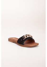 Resim Dilimler Ayakkabı Kadın Düz Topuklu Terlik Siyah Kalın Tek Bant Zincir Aksesuarlı Hasır-4100 Siyah 