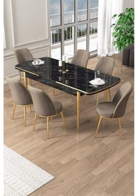 Resim Canisa Pale Serisi 80x132 Açılabilir Siyah Mermer Desen Mutfak Masa Takımı 6 Cappucino Sandalye Gold Detay Masa Siyah Mermer Sandalye Capppucino Gold Ayak 