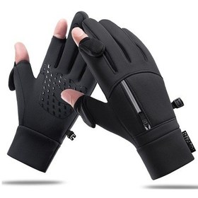 Resim Uni Rüzgar Geçirmez Ve Su Geçirmez Dokunmatik Ekranlı Fermuarlı Kış Eldivenleri Siyah 