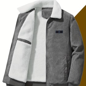 Resim Erkek Casual Sıcak Polar Astarlı Ceket, Cepli Şık Yaka Retro Ceket 