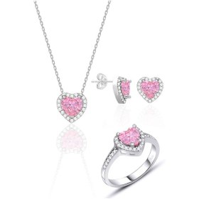 Resim Pembe Zirkon Taşlı Pırlanta Modeli Kalp Üçlü Gümüş Set 925 Ayar St067 97979666 