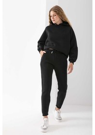 Resim Kadın Kapüşonlu 3ip Şardonlu Basic Eşofman Takım Siyah - 2610 Siyah 