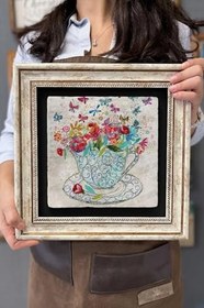 Resim Oscar Stone Decor Çerçeveli Tablo Taş Duvar Dekoru 30 X 30 Cm Kelebek Ve Çiçekler Fincan Içinde Cdd3030-1326 