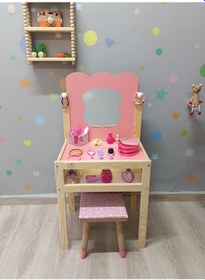 Resim Ahşap Çocuk Güzellik Makyaj Masası Tabüreli 