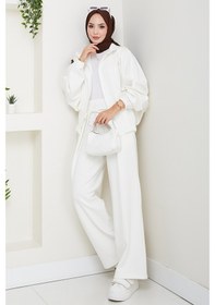 Resim Fermuarlı Oversize Takım 1595 - Beyaz Beyaz 