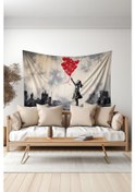 Resim Kırmızı Balonlu Kız Desenli Duvar Halısı Duvar Örtüsü Tapestry Süet Dokulu Kumaş 