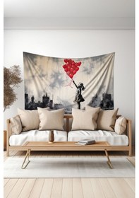 Resim Kırmızı Balonlu Kız Desenli Duvar Halısı Duvar Örtüsü Tapestry Süet Dokulu Kumaş 