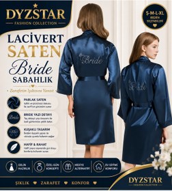 Resim DYZSTAR Lacivert Saten Bride Sabahlık Zarif Kadın Ev Giyim (LACİVERT - S) 