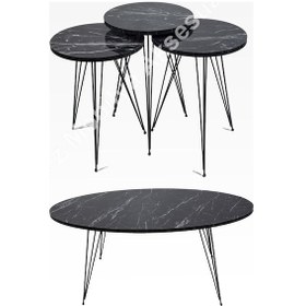 Resim Orta Sehpa Ve Zigon Sehpa Büyük Set Tel Ayak Mermer Desen Elips 