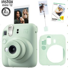 Resim Fujifilm Instax mini 12 Yeşil Fotoğraf Makinesi-20'li Film-Kıskaçlı Resim Standı ve Silikon Kılıf Seti 
