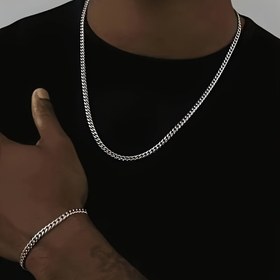 Resim 2 adet Hip Hop Paslanmaz Çelik Zincir Kolye ve Bilezik Seti, Punk Tarzı Erkek Moda Aksesuarları 