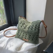 Resim 1 Şık El Yapımı Kağıt İp Örgü Kadın Çapraz Çanta - Haki/Yeşil, Fermuarlı Kapatma, Polyester Dolgulu, Messenger Tarzı Aksesuar, Yaz Plajı ve Şehir Aktiviteleri İçin Moda Günlük Omuz Çantası & Hediye Seçeneği 