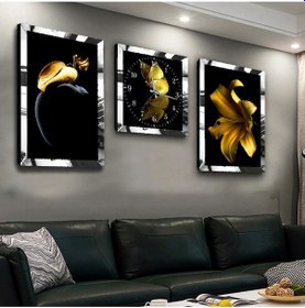 Resim ALTIN ÇİÇEK PLEKSİ KENAR 3'LÜ MDF TABLO VE SAAT SETİ 