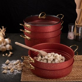 Resim Evren 6 Parça 30 cm Red Ezme Seri Buharlı Pişirici, Mantı Tencere Seti 7,5 Lt 