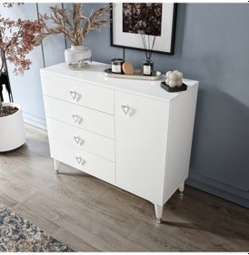 Resim Simple 4 Çekmeceli 1 Kapaklı Modern Şifonyer Beyaz Gümüş Beyaz 