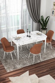 Resim Canisa Kor Serisi 70x114 Açılabilir Mutfak Masası Takımı Beyaz Mermer Desen Masa 4 Kiremit Sandalye 