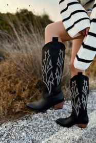 Resim POLKA STORE Fire Nakışlı Uzun Diz Altı Western Kadın Kovboy Çizme 