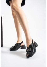 Resim Dericia Shoes Allone Hakiki Deri Kadın Günlük Rahat Topuklu Sandalet Siyah 