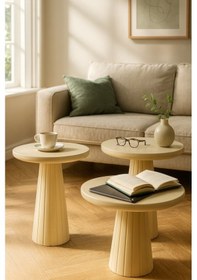 Resim Doğal Ahşap Krem Mantar Sehpa 3 Lü Set Şık Zigon Ve Fiskos Takımı Beyaz 