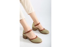Resim Analin Shoes Kadın Deri Burnu Kapalı Örgülü Sandalet - Yeşil 