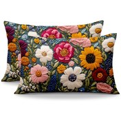 Resim [2 Adet İşlemeli Çiçek Desenli Yastık Kılıfı] 2'li Paket Vintage Çiçek Desenli İşlemeli Bel Yastık Kılıfları, 30.48x50.8 cm, Polyester, Fermuarlı, Sadece Elde Yıkama, Yatak Odası, Oturma Odası, Kanepe, Araba İç Dekorasyonu İçin - İç Dolgu Yok 