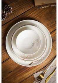 Resim Autumn Modern Altın 24 Parça 6 Kişilik Hayat Ağacı Desenli Porselen Yemek Takımı Yuvarlak 