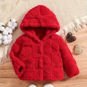 Resim Kızlar İçin Ekose Desenli Kalp Detaylı Kırmızı Tweed Kapüşonlu Kardigan - Sevimli Düğme Detaylı Sıcak Kalın Sonbahar/Kış Moda Ceketi, Kızlar İçin Kışlık Giysi 