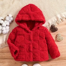 Resim Kızlar İçin Ekose Desenli Kalp Detaylı Kırmızı Tweed Kapüşonlu Kardigan - Sevimli Düğme Detaylı Sıcak Kalın Sonbahar/Kış Moda Ceketi, Kızlar İçin Kışlık Giysi 