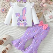 Resim Çocuk Giyim Kız Çocuk Giyim Bebek Giyim Okula Dönüş Sezonu Hediye Kızlar Sonbahar ve Kış Sevimli Tavşan T-Shirt Flared Pantolon Başlık ile 2 Adet Set Festival Giyim, Açık Hava için Uygun 