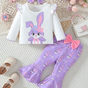 Resim Çocuk Giyim Kız Çocuk Giyim Bebek Giyim Okula Dönüş Sezonu Hediye Kızlar Sonbahar ve Kış Sevimli Tavşan T-Shirt Flared Pantolon Başlık ile 2 Adet Set Festival Giyim, Açık Hava için Uygun 