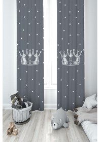 Resim Mekta Home Bebek Ve Çocuk Odası Kral Tacı Ve Yıldız Desenli Gri 2 Kanat Fon Perde 