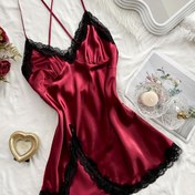 Resim Kadınlar için Seksi V Yaka Gecelik, %100 Polyester, Her Mevsim Dantel Süslemeli Kolsuz Uyku Elbisesi, Düz Renk, Dokuma Kumaş, 90 gsm - Sevgililer Günü için Mükemmel Hediye 