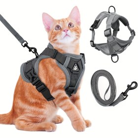 Resim Kedi Kama ve Kayışı Yürüyüş için Yumuşak Kedi Kama Kaçış Önleyici, Ayarlanabilir Kedi Kama Kedi Kayışı Yansıtıcı Şeritler Ceket, Nefes Alabilen Kedi Yelek Kama Seti Kitten Kolay Giyilebilir Açık Hava Yürüyüş 