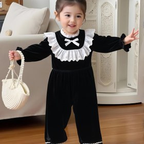 Resim Kız Çocuk Şık Pembe Fırfırlı Kollu & Yakalı Tulum - Yumuşak Flanel Kışlık Kıyafet, Fiyonk Detaylı, Uzun Kollu Günlük Parti Elbisesi Sonbahar/Kış için, Dış Mekan 