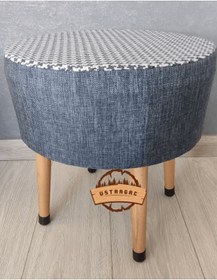 Resim Puf Koltuk Tabure - Lacivert Keten Örme Kaz Ayağı - Ahşap Gürgen 