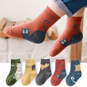 Resim 5 Çift Sevimli Karikatür Kedi Çorabı Çocuklar İçin - Nefes Alabilen, Rahat Orta Baldır Çorapları Kırmızı, Yeşil, Sarı ve Mavi Oynak Tasarımlarla, Mavi, Yeşil, Sarı ve Mavi, Makinede Yıkanabilir Polyester Karışımı, Tüm Mevsim Giyim, Makinede Yıkanabilir Çoraplar | Oynak Çorap Tasarımı | Rahat Uyum, Kedi Sever Hediyeler 