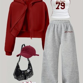 Resim 3 Parça Kadınlar İçin Oversize Kapüşonlu Ceket, Numara & Harf Baskılı Croptop ve Geniş Paça Pantolon Takım - Burgonya/Beyaz Renk Blok Tüm Sezon Uyumlu Outfit, İnce Stil için, Şık Günlük Giysiler (Kolay), Kadınlar için sweatshirt ve pantolonlar, Kadınlar İçin Pantolon ve Kazaklar, Kadınlar İçin Eşofman Takım, Kadınlar için Kapüşonlu Sweatshirt ve Pantolon Takımı, Kadınlar için Kapüşonlu Sweatshirt ve Pantolon Takımı, Kadınlar için Kapüşonlu Sweatshirt ve Pantolon, Kadınlar 