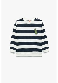 Resim Koton Erkek Bebek Pamuklu Şardonlu Uzun Kollu Bisiklet Yaka Dinozor Baskılı Çizgili Sweatshirt Lacivert 
