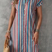 Resim Kadınlar için Günlük Çizgili Yaka Elbise - Kısa Kollu, Düğmeli Gömlek Elbise Canlı Pembe, Mavi ve Kırmızı Çizgilerle, Hafif Polyester İlkbahar/Yaz/Sonbahar İçin 