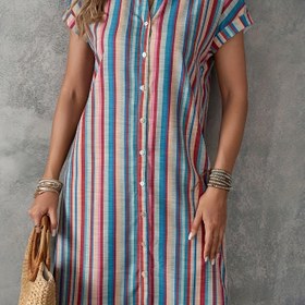 Resim Kadınlar için Günlük Çizgili Yaka Elbise - Kısa Kollu, Düğmeli Gömlek Elbise Canlı Pembe, Mavi ve Kırmızı Çizgilerle, Hafif Polyester İlkbahar/Yaz/Sonbahar İçin 