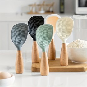 Resim 1 adet Silikon Pirinç ve Patates Servisi Ahşap Saplı - Yapışmaz Tavalar ve Pişirici İçin Dayanıklı, Isıya Dayanıklı Mutfak Kaşığı 