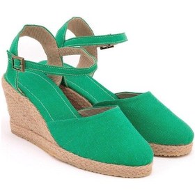 Resim Star Tombis Gerçek Elişi Topuğu Açık Bilekten Bantlı Dolgu Topuk Keten Hasır Espadril Handmade Yeşil 