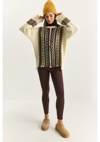 Resim Shade Kadın Etnik Desenli Oversize Bisiklet Yaka Kalın Triko Kazak 2529 60283875 - Krem 