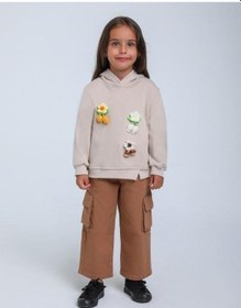 Resim Kız Çocuk Çiçek Örgü Detaylı Kapüşonlu Sweatshirt-14306 Bej 