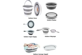 Resim 5'li Katlanır Banyo Mutfak Seti Katlanır Çamaşır Sepeti Kova Maşrapa Süzgeç Badya (Leğen) 