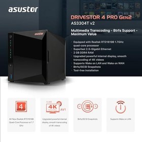 Resim Asustor Drivestor 4 Pro Gen2 AS3304T v2, 4 Bay NAS, 1.7GHz Dört Çekirdekli, 2.5GbE Bağlantı Noktası, 2GB RAM DDR4, Ev Medya Sunucusu için En İyi Değer, Ağa Bağlı Depolama (Disksiz) 