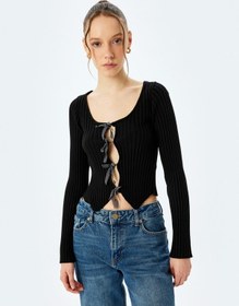 Resim Koton Fiyonklu V Yaka Slim Fit Crop Triko Hırka Siyah 5sal90020ht Siyah 
